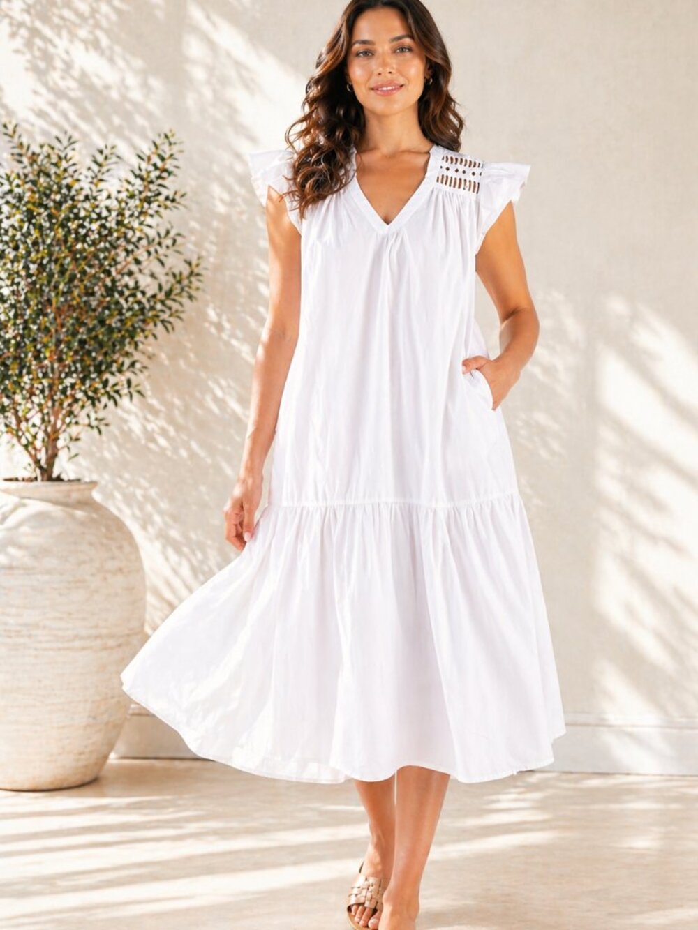 Elan White 100% Cotton Midi Dress Coastal Boho Flutter Sleeve Vacation Dress